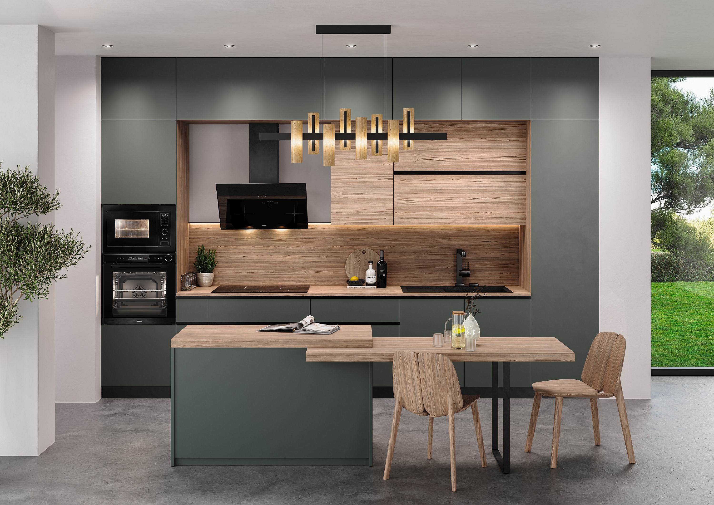 Oranier Backofen im XXL Format ergonomisch hoch eingebaut in griffloser grauer Küche kombiniert mit Holzfronten